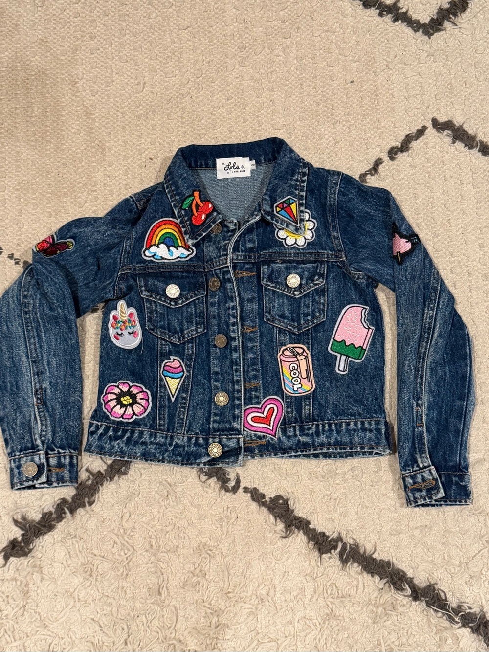 Lola The Boys Girls Size 6-8 Blue Denim Jacket with Colorful Patches